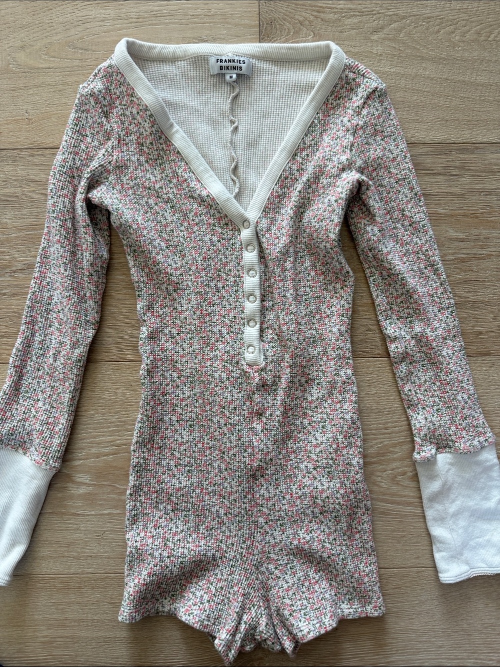 Frankies Bikinis Ivory Floral Ribbed Henley Romper